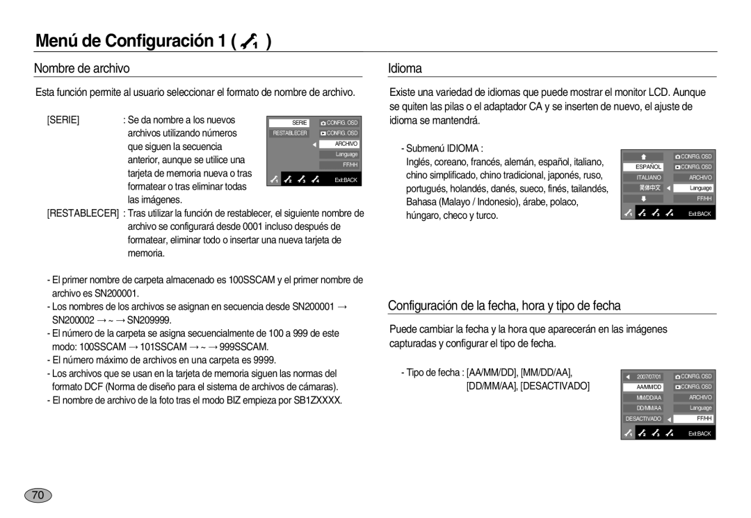 Samsung EC-NV20ZBBA/GB, EC-NV20ZSBA/E1 manual Nombre de archivo, Idioma, Configuración de la fecha, hora y tipo de fecha 