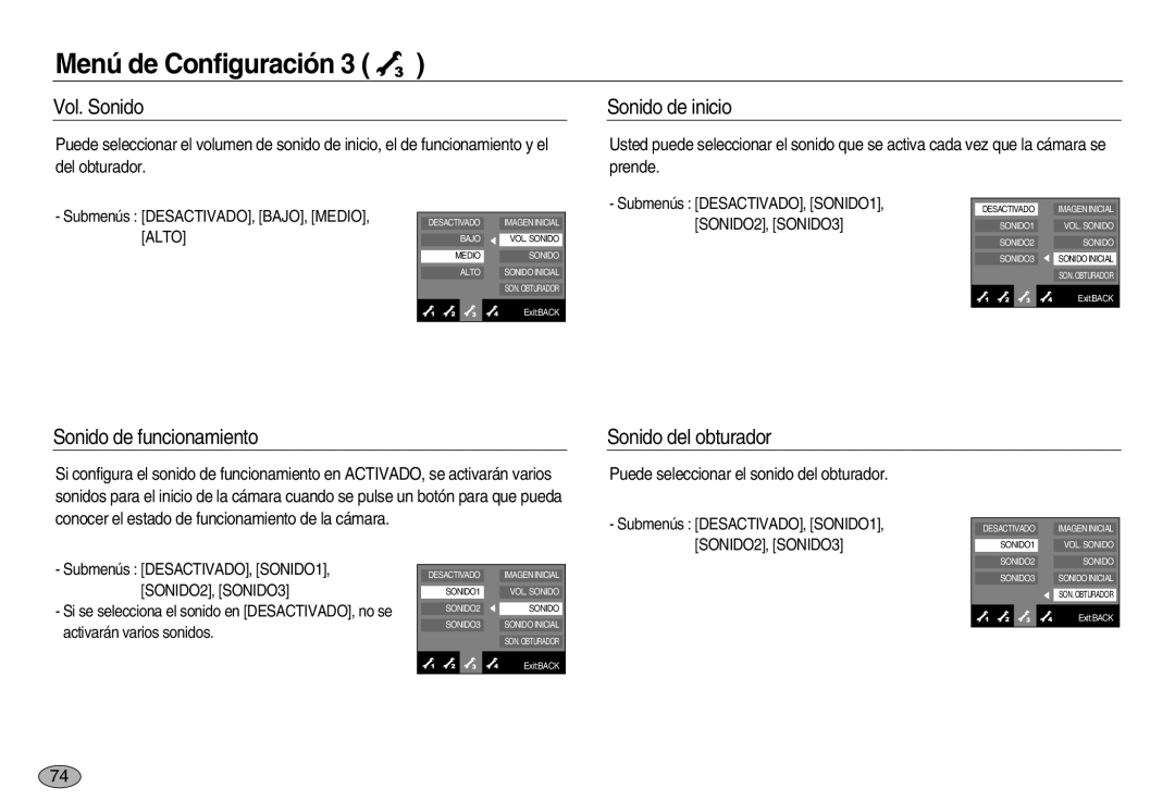 Samsung EC-NV20ZBBB/AS, EC-NV20ZSBA/E1 manual Vol. Sonido, Sonido de inicio, Sonido de funcionamiento Sonido del obturador 