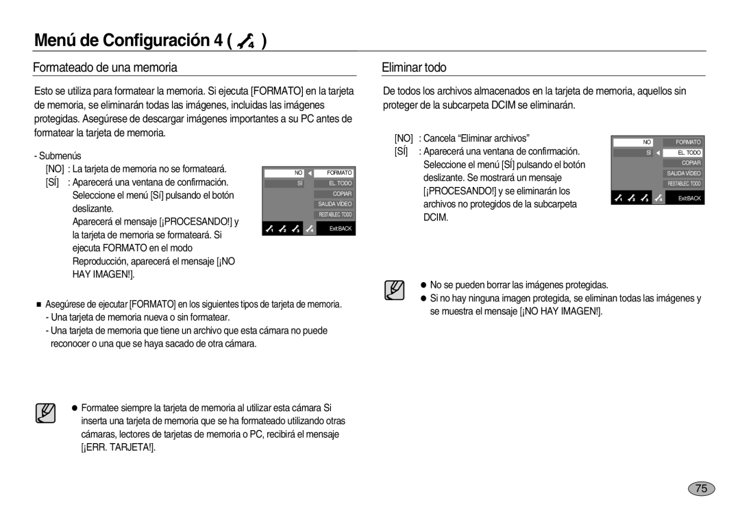 Samsung EC-NV20ZSBB/AS, EC-NV20ZSBA/E1, EC-NV20ZBBA/E3, EC-NV20ZBBA/E1 manual Formateado de una memoria, Eliminar todo, Dcim 