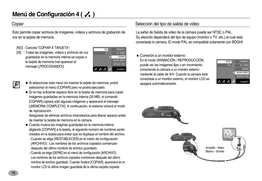 Samsung EC-NV20ZBBA/AS, EC-NV20ZSBA/E1 manual Copiar, Selección del tipo de salida de vídeo, Conexión a un monitor externo 