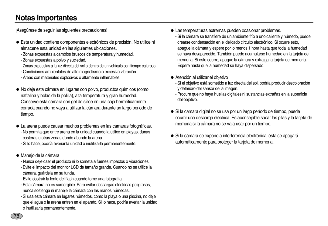 Samsung EC-NV20ZBBB/SP manual Notas importantes, Manejo de la cámara, Las temperaturas extremas pueden ocasionar problemas 