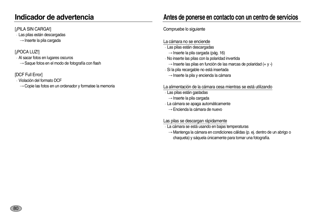 Samsung EC-NV20ZSBA/E1 DCF Full Error, Compruebe lo siguiente La cámara no se enciende, Las pilas se descargan rápidamente 