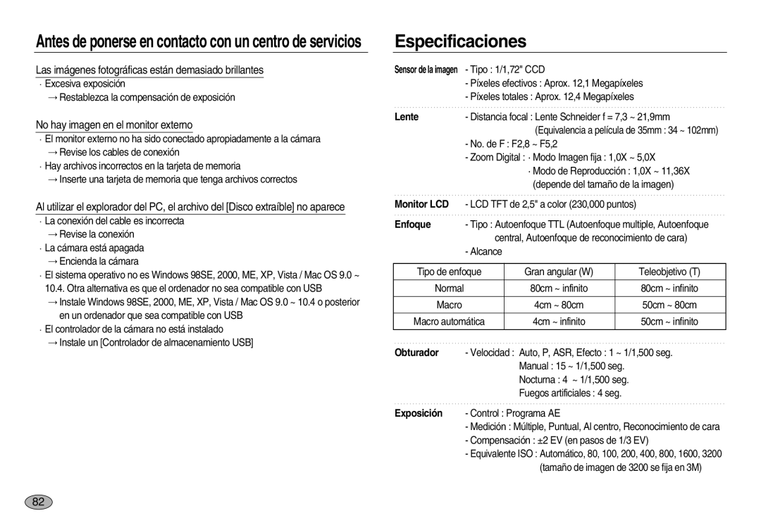 Samsung EC-NV20ZBBA/E1, EC-NV20ZSBA/E1 manual Especificaciones, Las imágenes fotográficas están demasiado brillantes 