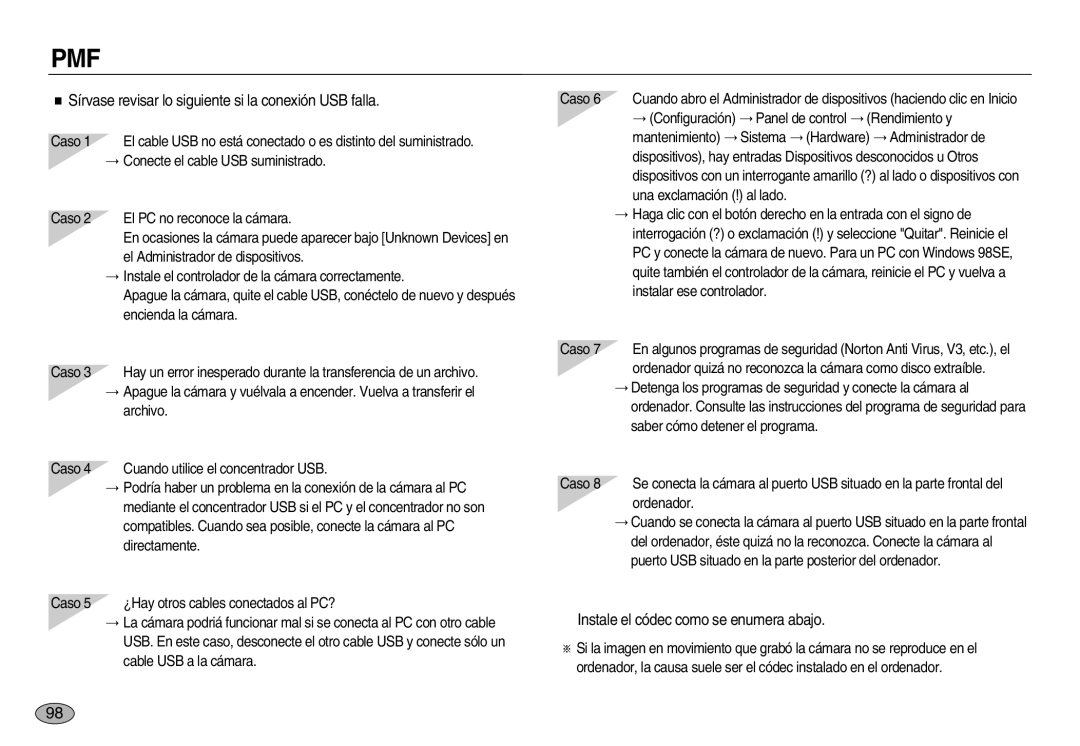 Samsung EC-NV20ZSBA/E1 manual Sírvase revisar lo siguiente si la conexión USB falla, Instale el códec como se enumera abajo 