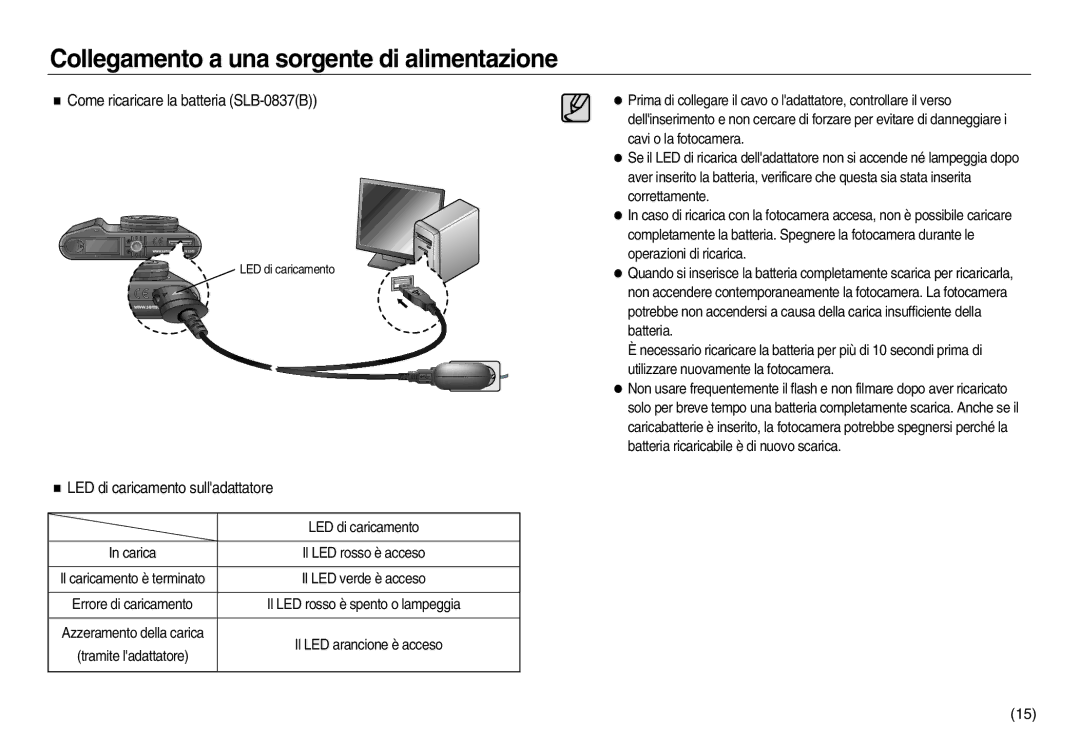 Samsung EC-NV20ZBBA/E3, EC-NV20ZSBA/E1 manual Come ricaricare la batteria SLB-0837B, LED di caricamento sulladattatore 