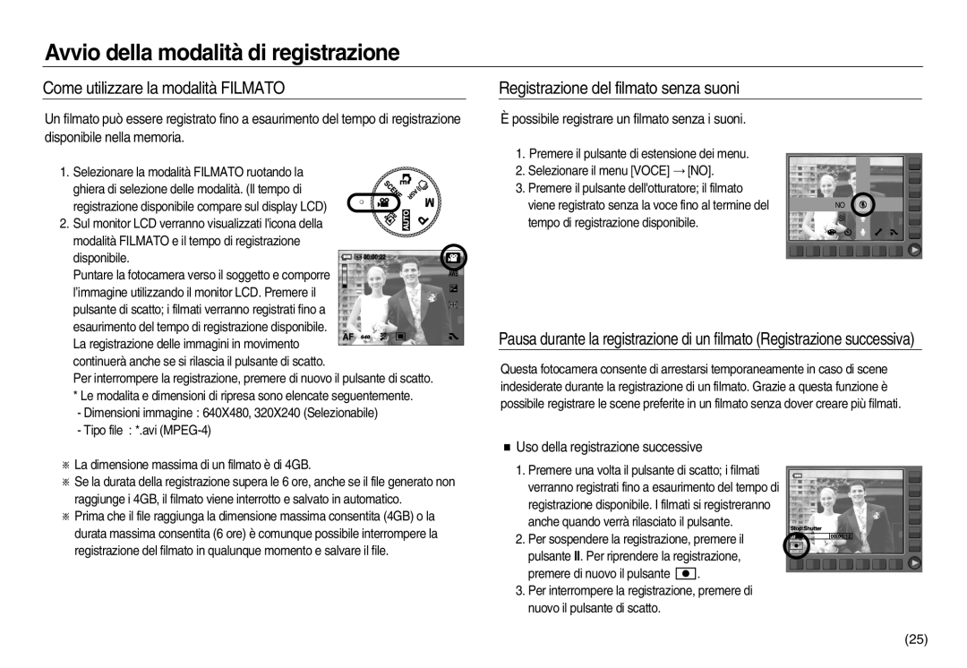 Samsung EC-NV20ZBBA/E3, EC-NV20ZSBA/E1 manual Come utilizzare la modalità Filmato, Registrazione del filmato senza suoni 