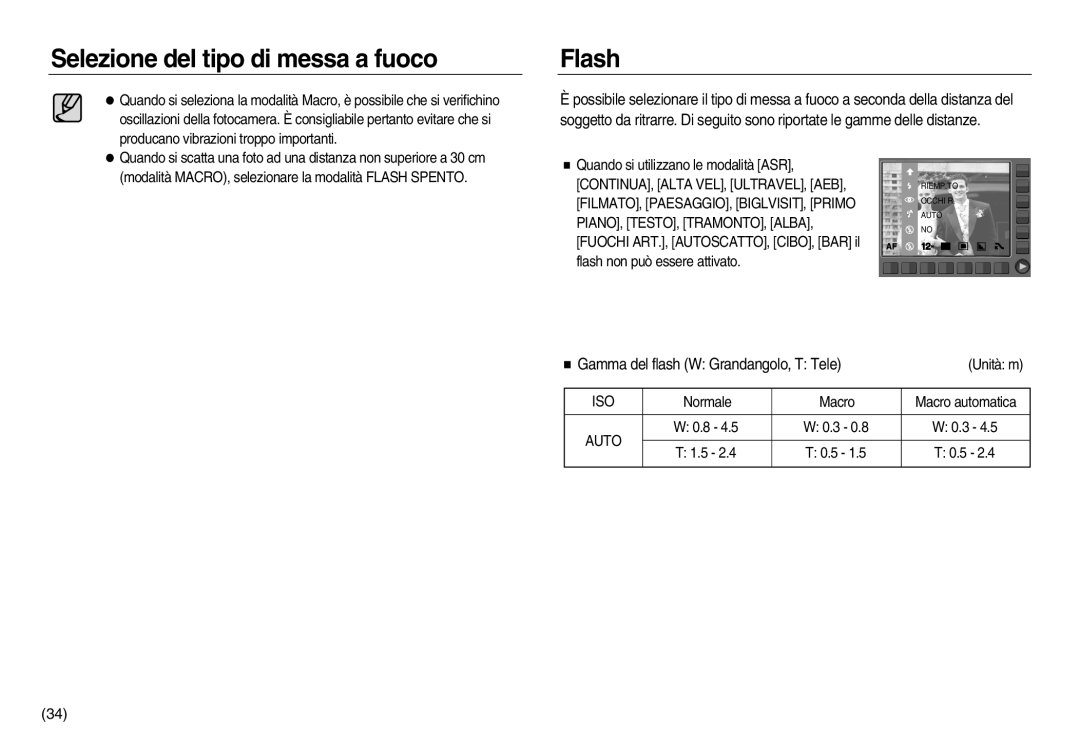 Samsung EC-NV20ZSBA/E1, EC-NV20ZBBA/E3, EC-NV20ZBBA/E1, EC-NV20ZSBA/IT manual Flash, Gamma del flash W Grandangolo, T Tele 