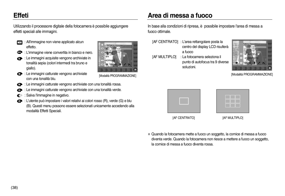 Samsung EC-NV20ZBBA/IT, EC-NV20ZSBA/E1, EC-NV20ZBBA/E3, EC-NV20ZBBA/E1 manual Effeti, Area di messa a fuoco, Fuoco ottimale 