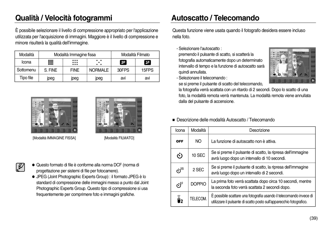 Samsung EC-NV20ZSBA/E1, EC-NV20ZBBA/E3, EC-NV20ZBBA/E1 Qualità / Velocità fotogrammi, Autoscatto / Telecomando, Sec, Doppio 