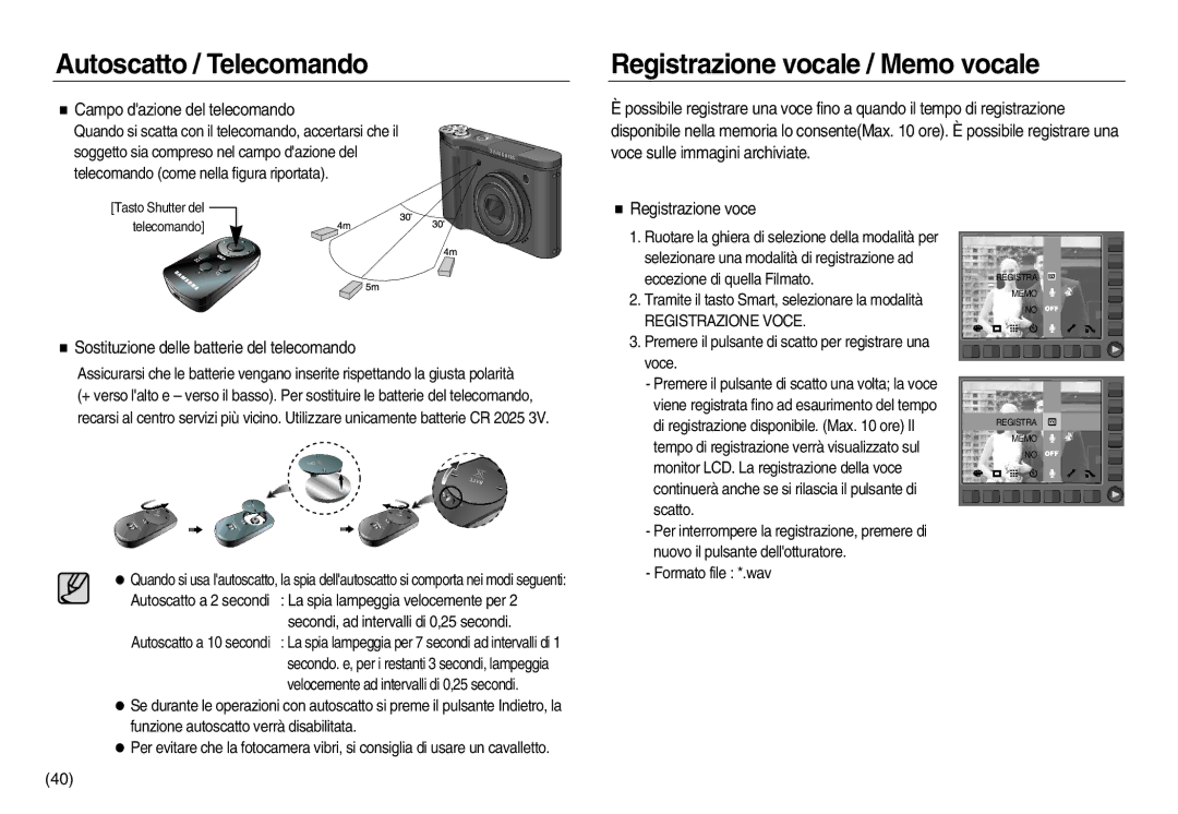 Samsung EC-NV20ZBBA/E3 manual Registrazione vocale / Memo vocale, Campo dazione del telecomando, Registrazione Voce 