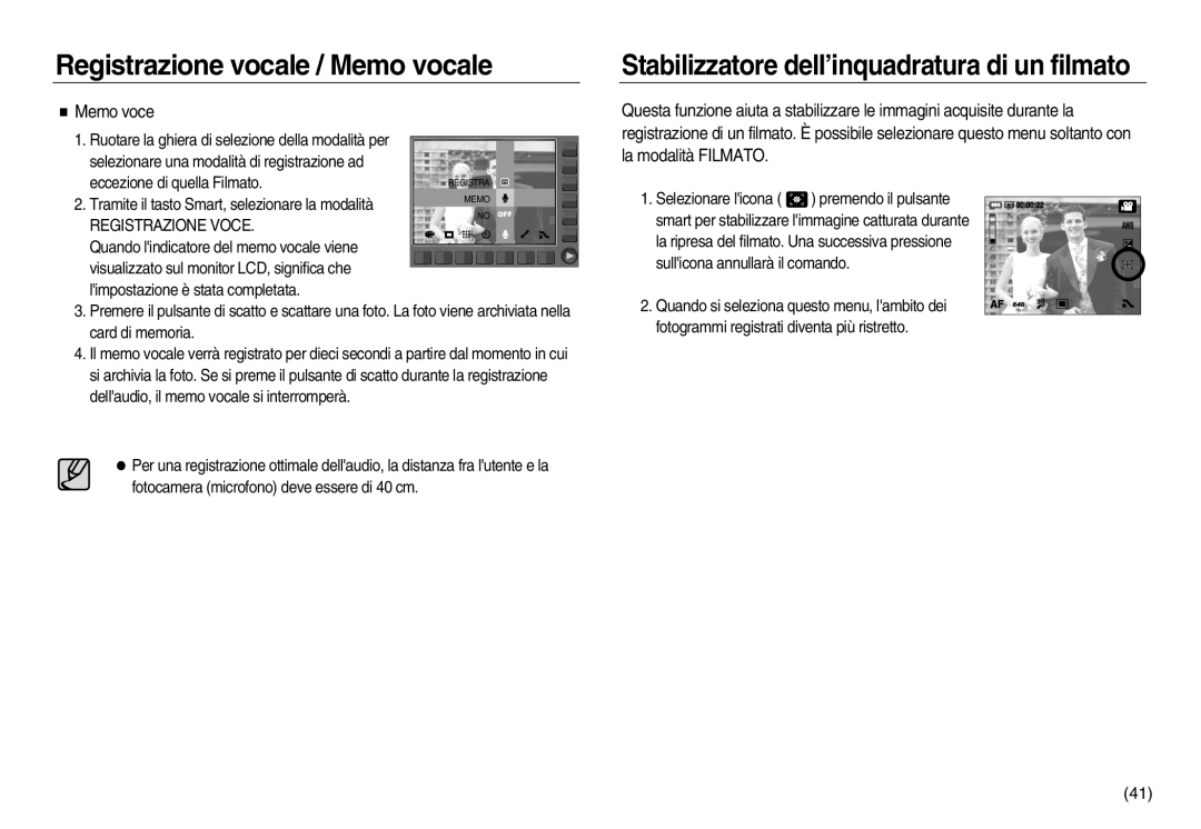 Samsung EC-NV20ZBBA/E1, EC-NV20ZSBA/E1, EC-NV20ZBBA/E3 manual Stabilizzatore dell’inquadratura di un filmato, Memo voce 