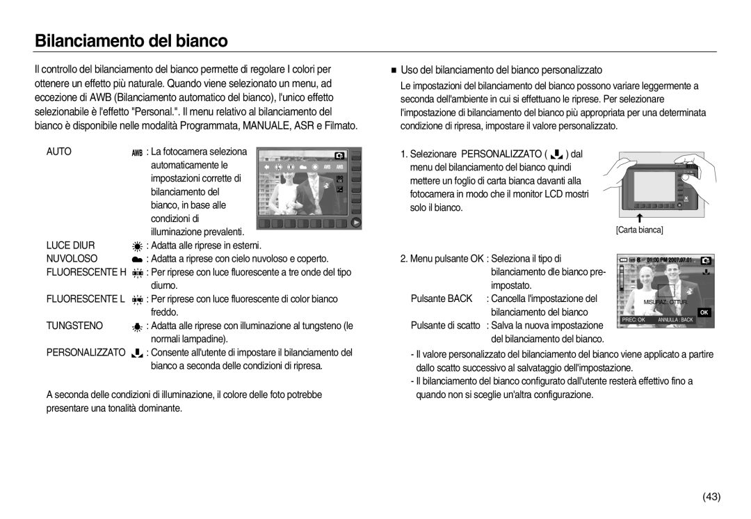 Samsung EC-NV20ZBBA/IT, EC-NV20ZSBA/E1 manual Bilanciamento del bianco, Uso del bilanciamento del bianco personalizzato 