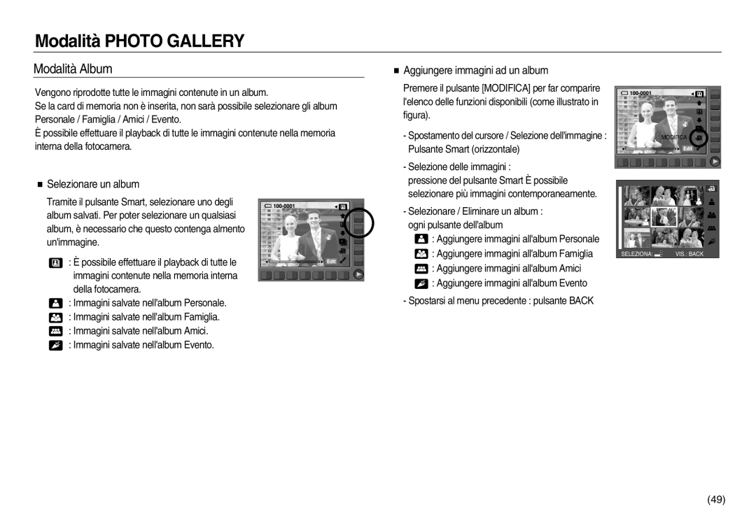 Samsung EC-NV20ZSBA/E1, EC-NV20ZBBA/E3 manual Modalità Album, Aggiungere immagini ad un album, Selezionare un album 