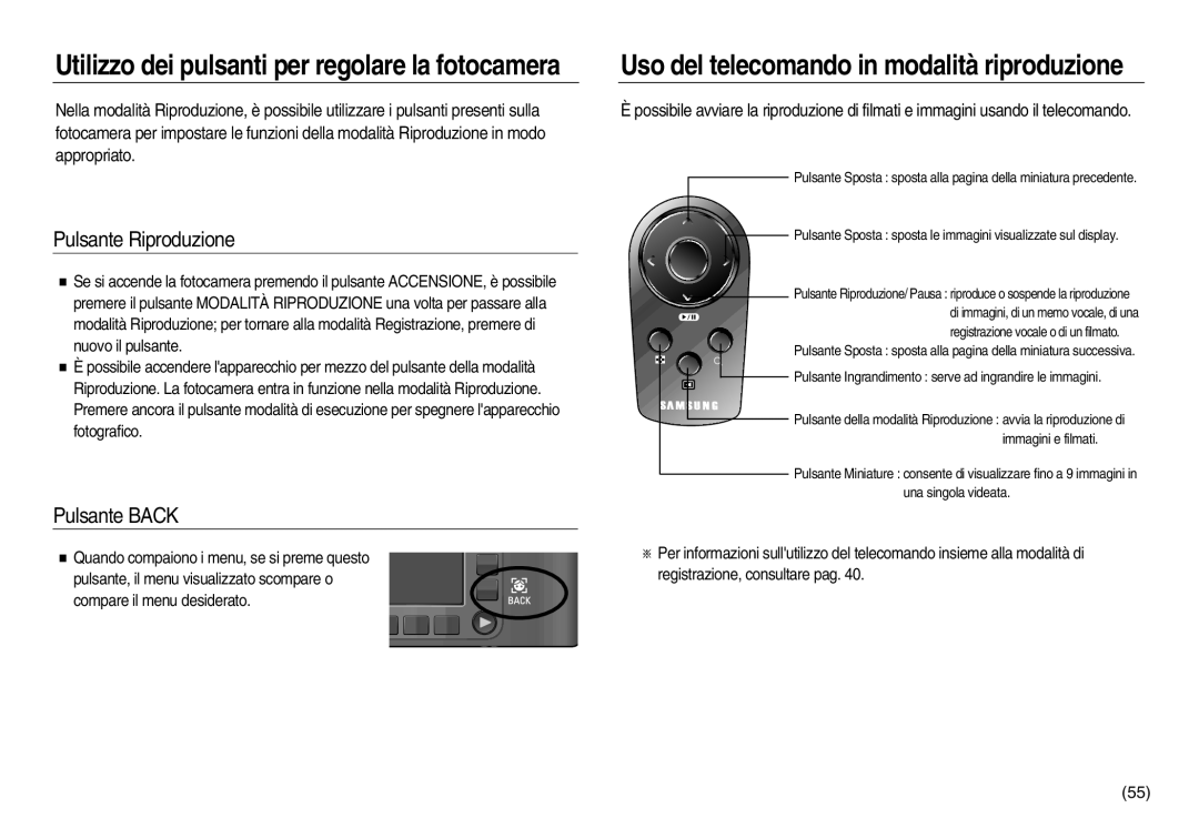 Samsung EC-NV20ZBBA/E3, EC-NV20ZSBA/E1, EC-NV20ZBBA/E1, EC-NV20ZSBA/IT, EC-NV20ZBBA/IT Pulsante Riproduzione, Pulsante Back 