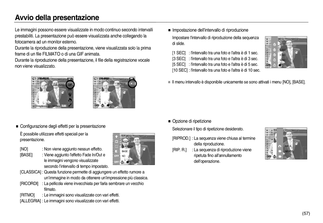 Samsung EC-NV20ZSBA/IT, EC-NV20ZSBA/E1 manual Avvio della presentazione, Opzione di ripetizione, Base, Ricordi, Ritmo 