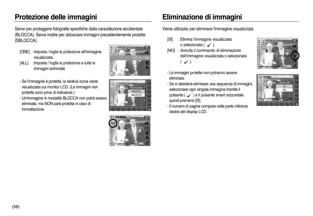 Samsung EC-NV20ZBBA/IT, EC-NV20ZSBA/E1, EC-NV20ZBBA/E3, EC-NV20ZBBA/E1 Protezione delle immagini, Eliminazione di immagini 