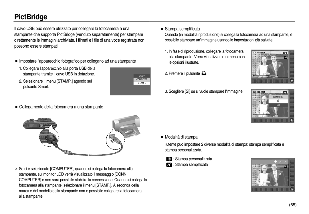 Samsung EC-NV20ZBBA/E3, EC-NV20ZSBA/E1 manual PictBridge, Collegamento della fotocamera a una stampante, Modalità di stampa 