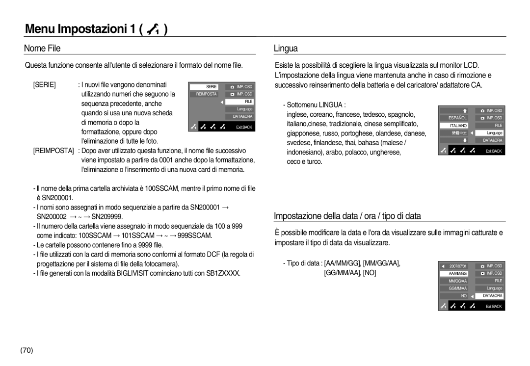 Samsung EC-NV20ZBBA/E3, EC-NV20ZSBA/E1, EC-NV20ZBBA/E1 manual Nome File, Lingua, Impostazione della data / ora / tipo di data 