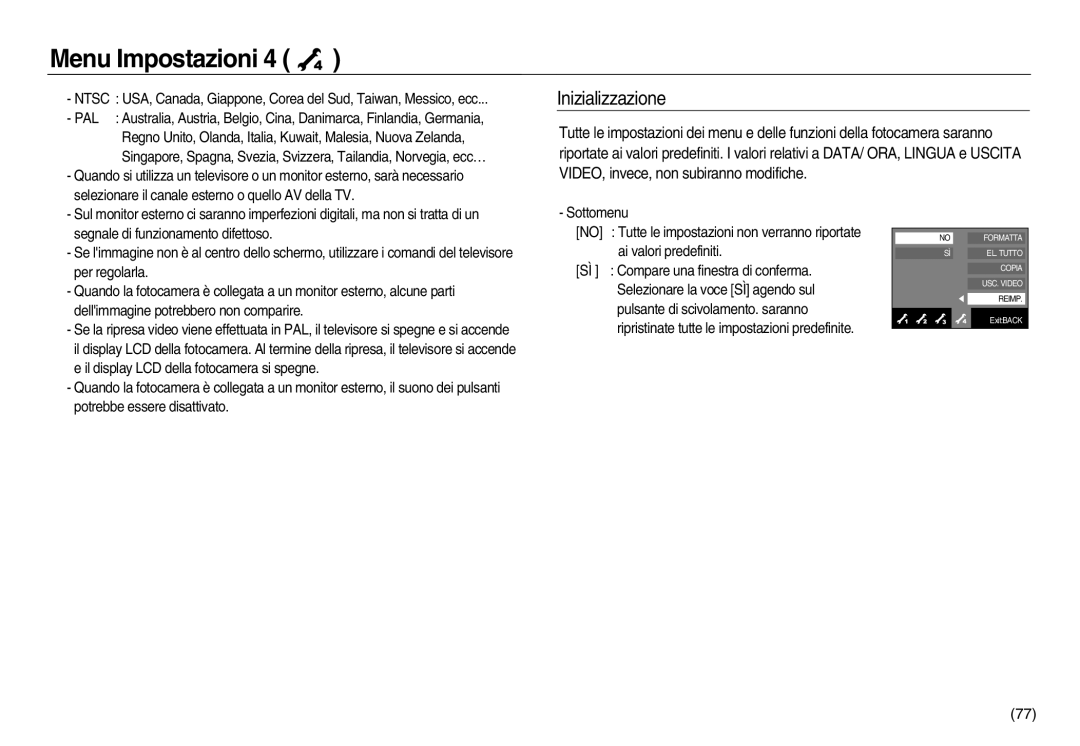 Samsung EC-NV20ZSBA/IT, EC-NV20ZSBA/E1, EC-NV20ZBBA/E3, EC-NV20ZBBA/E1, EC-NV20ZBBA/IT manual Inizializzazione 