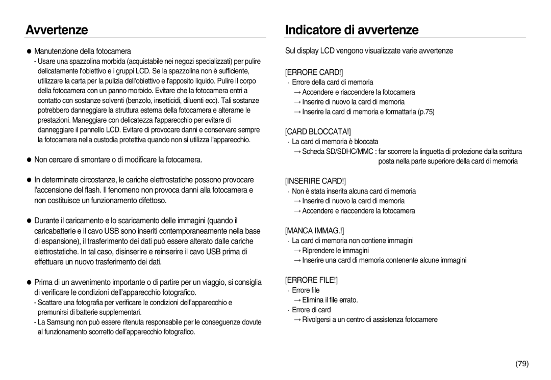 Samsung EC-NV20ZSBA/E1, EC-NV20ZBBA/E3, EC-NV20ZBBA/E1 manual Indicatore di avvertenze, Manutenzione della fotocamera 