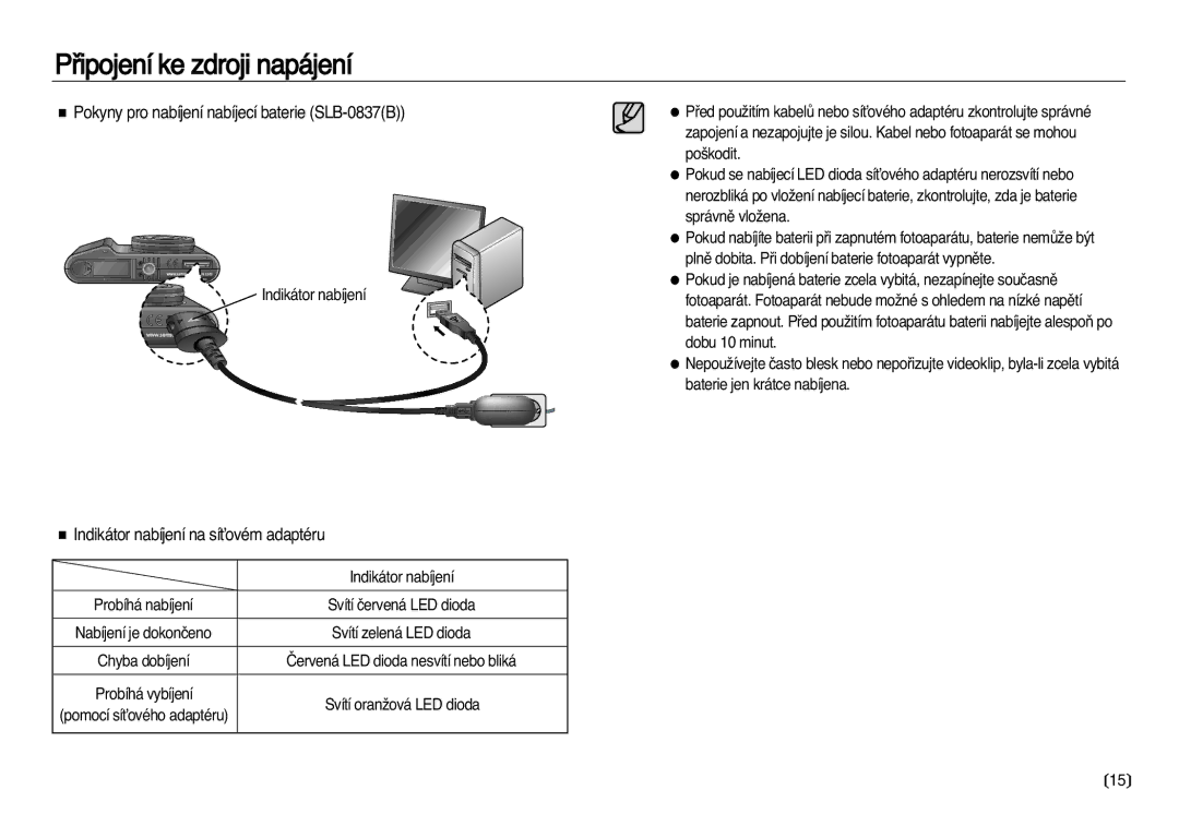 Samsung EC-NV20ZSBA/E3 manual Pokyny pro nabíjení nabíjecí baterie SLB-0837B, Indikátor nabíjení na síÈovém adaptéru 