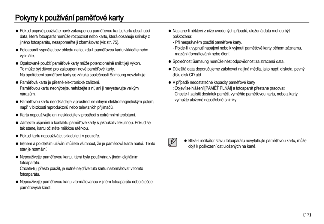 Samsung EC-NV20ZSBA/E3, EC-NV20ZBBA/E3 manual Pokyny k pouÏívání pamûÈové karty 