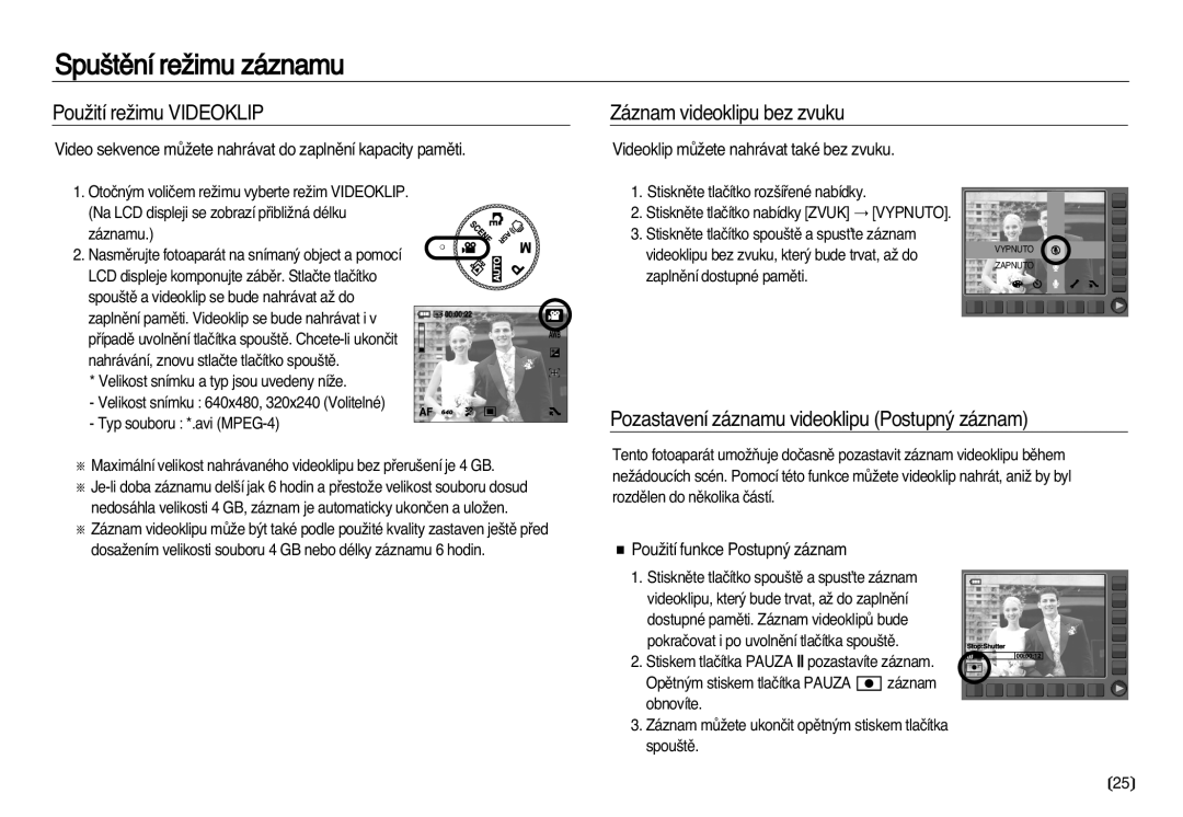 Samsung EC-NV20ZSBA/E3, EC-NV20ZBBA/E3 manual PouÏití reÏimu Videoklip, Záznam videoklipu bez zvuku 