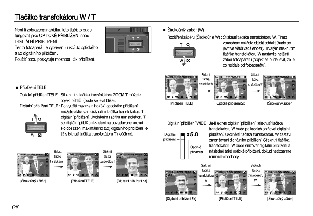 Samsung EC-NV20ZBBA/E3, EC-NV20ZSBA/E3 manual Tlaãítko transfokátoru W / T, ·irokoúhl˘ zábûr W 