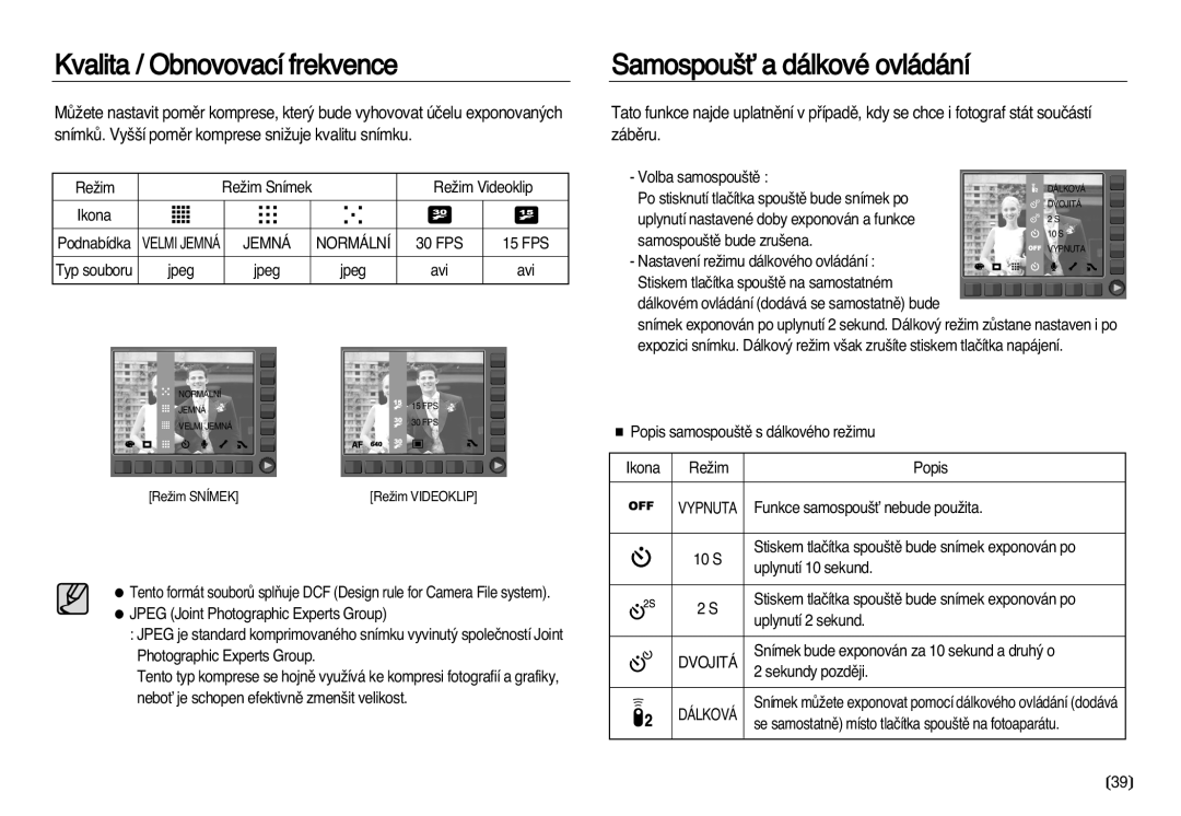 Samsung EC-NV20ZSBA/E3, EC-NV20ZBBA/E3 manual Kvalita / Obnovovací frekvence, Samospou‰È a dálkové ovládání, Dvojitá 