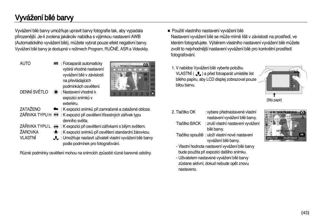 Samsung EC-NV20ZSBA/E3, EC-NV20ZBBA/E3 manual VyváÏení bílé barvy 