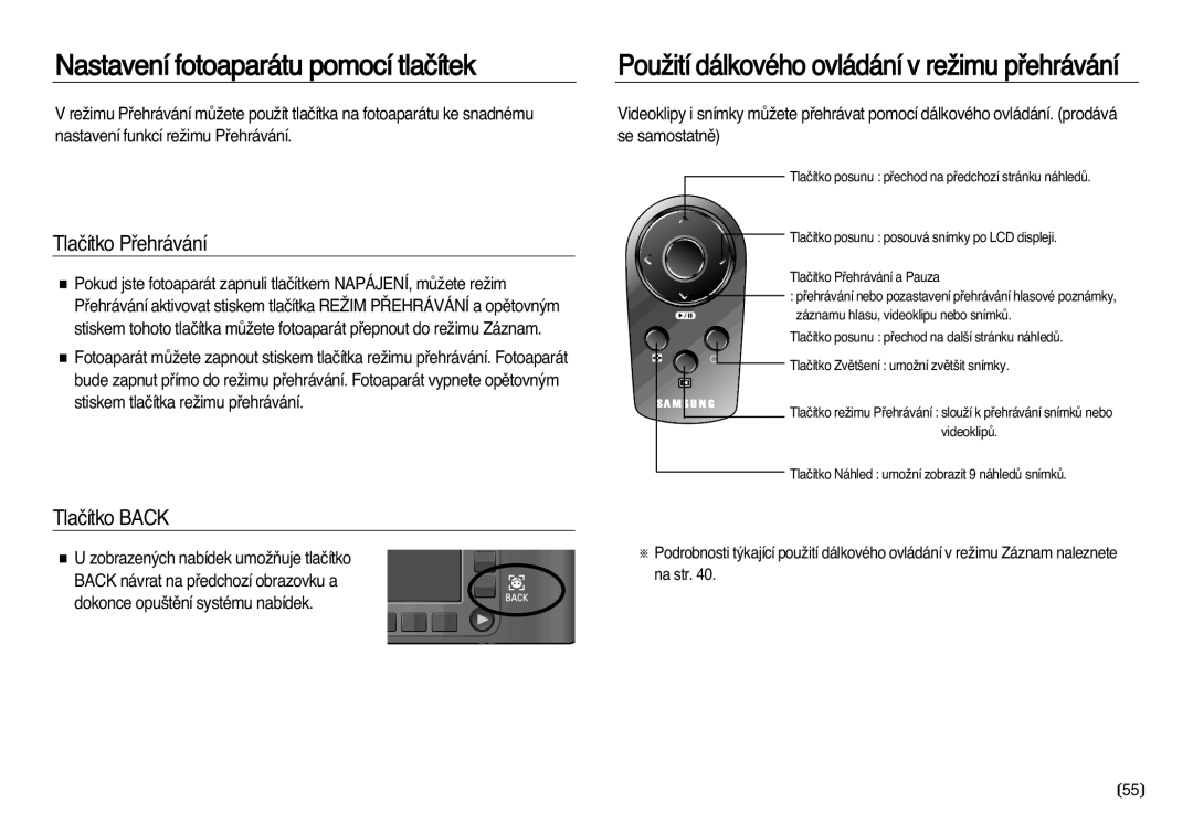 Samsung EC-NV20ZSBA/E3, EC-NV20ZBBA/E3 manual Tlaãítko Pﬁehrávání, Tlaãítko Back 