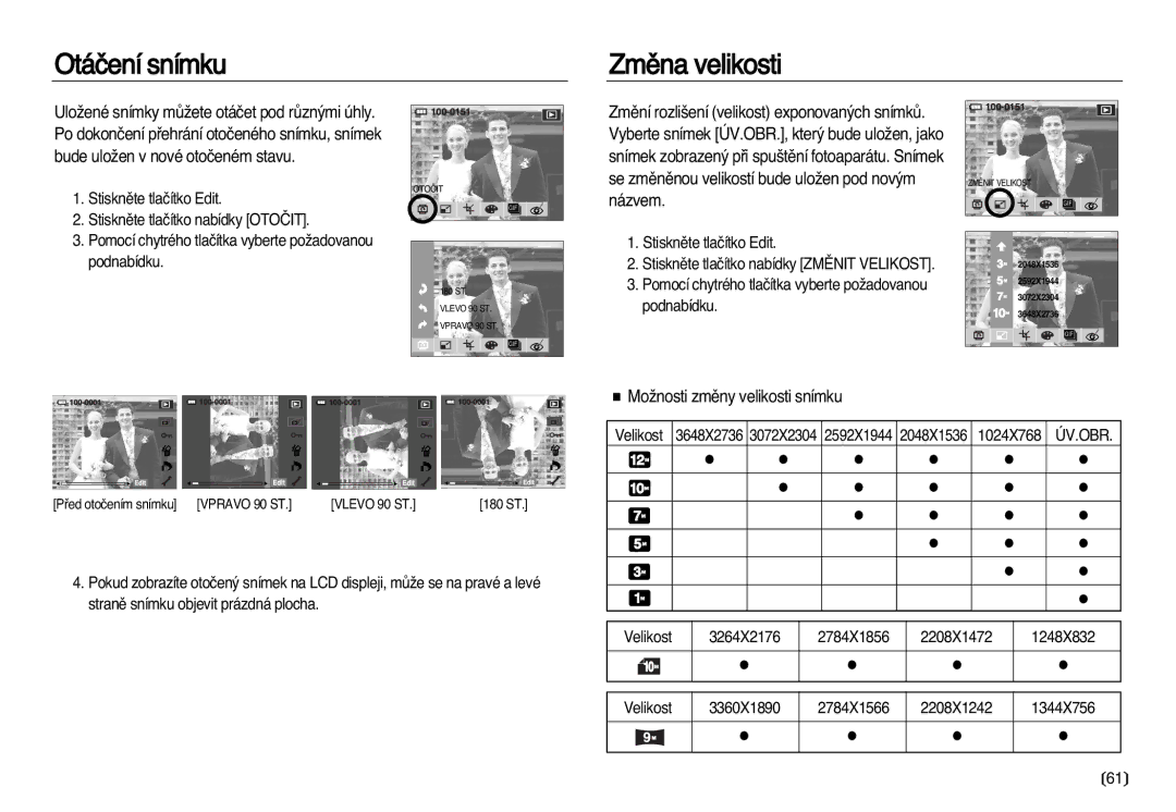 Samsung EC-NV20ZSBA/E3, EC-NV20ZBBA/E3 manual Otáãení snímku Zmûna velikosti, MoÏnosti zmûny velikosti snímku, Úv.Obr 