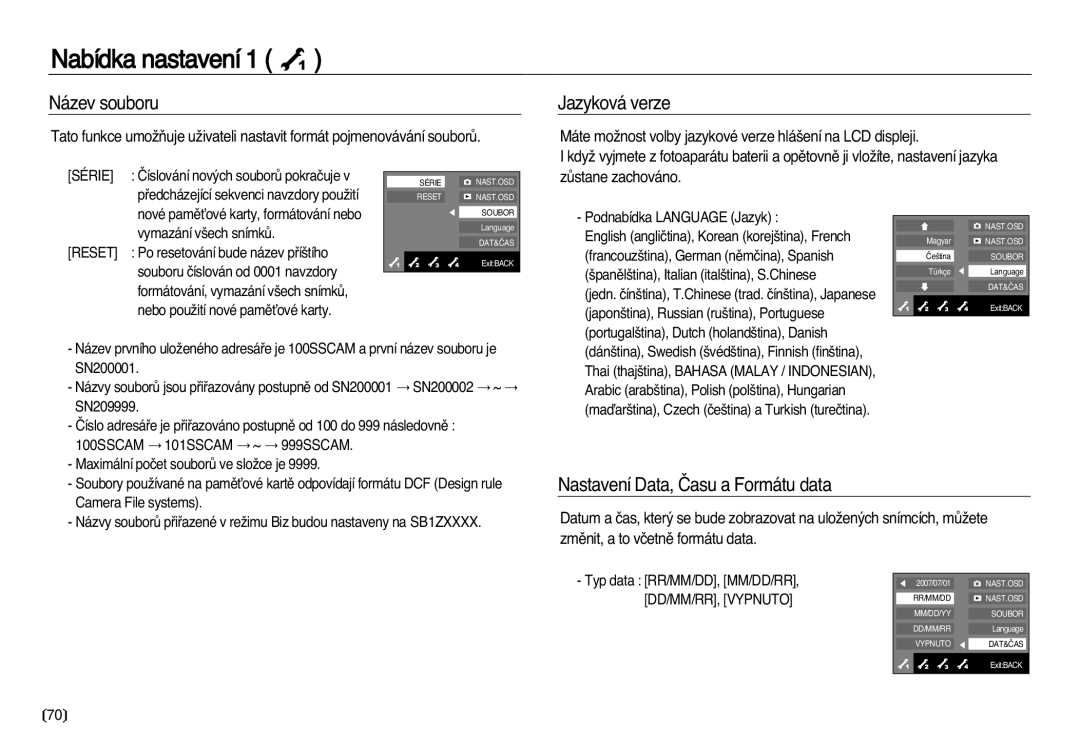 Samsung EC-NV20ZBBA/E3, EC-NV20ZSBA/E3 manual Název souboru, Jazyková verze, Nastavení Data, âasu a Formátu data 