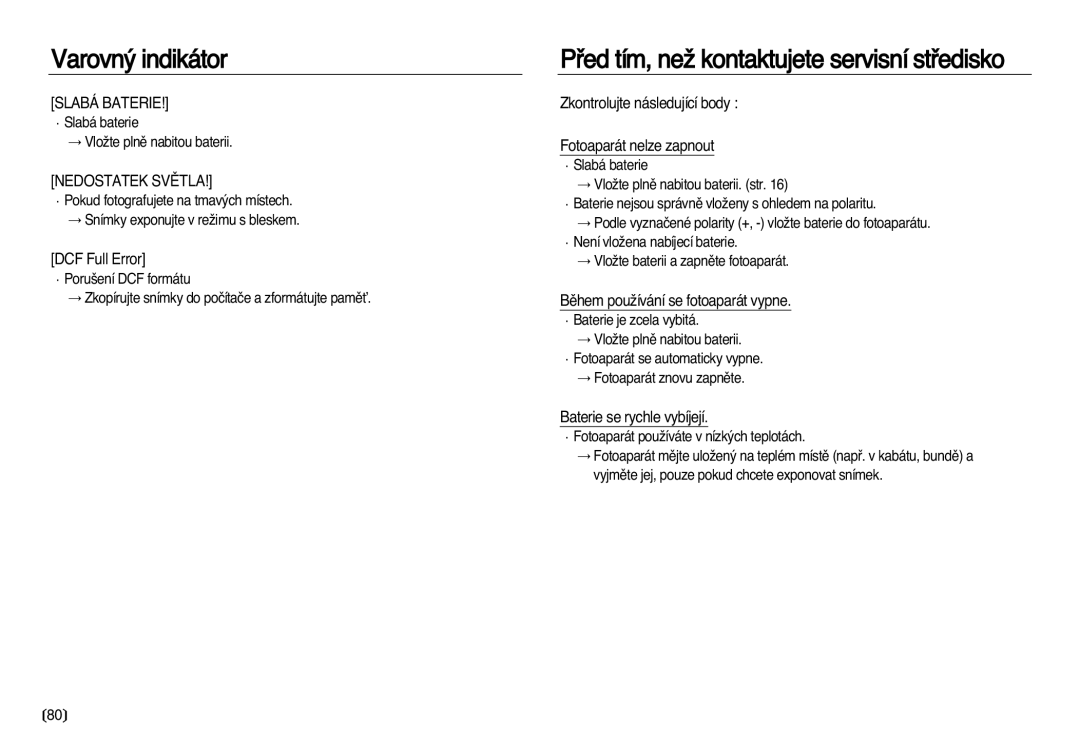 Samsung EC-NV20ZBBA/E3, EC-NV20ZSBA/E3 manual Pﬁed tím, neÏ kontaktujete servisní stﬁedisko 