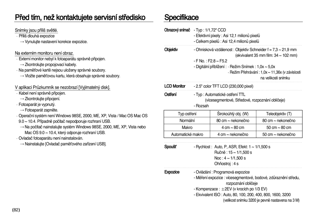 Samsung EC-NV20ZBBA/E3, EC-NV20ZSBA/E3 manual Specifikace, Snímky jsou pﬁíli‰ svûtlé, Na externím monitoru není obraz 