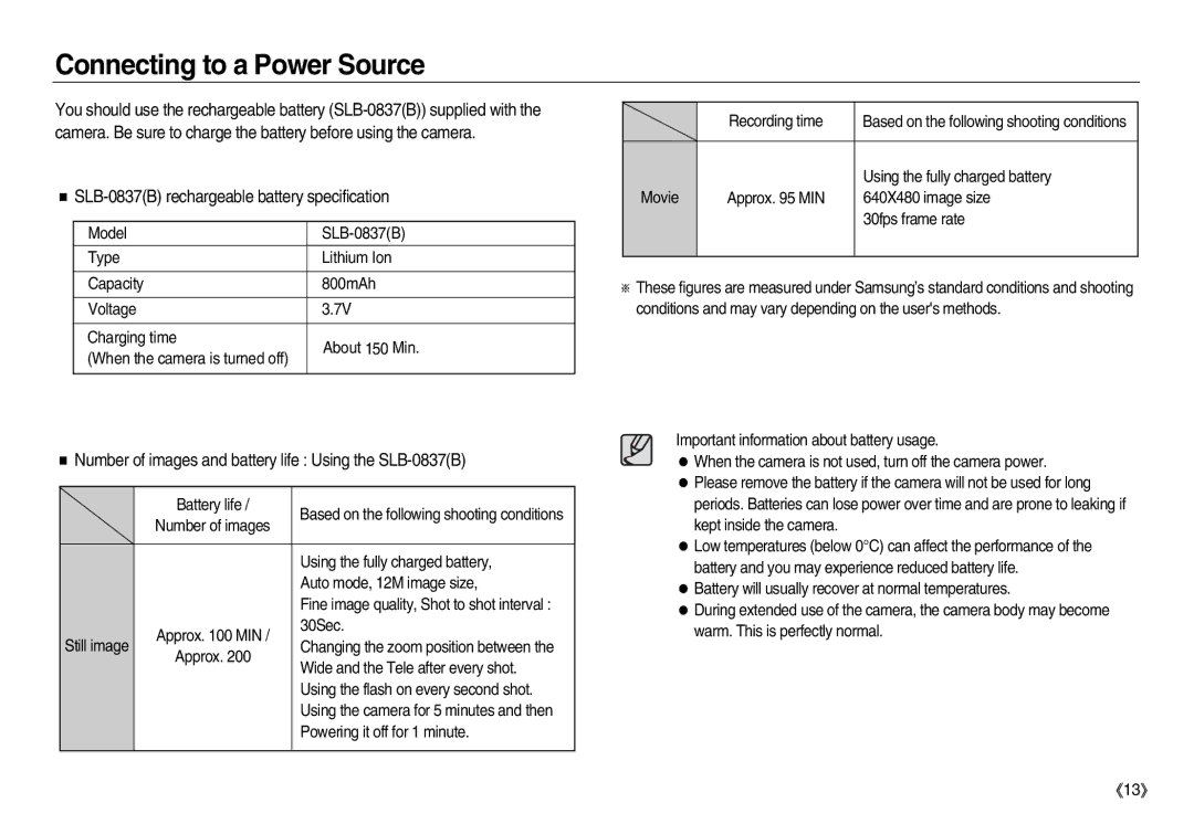 Samsung EC-NV20ZBBB/SP, EC-NV20ZSBA/E3 manual Connecting to a Power Source, SLB-0837B rechargeable battery specification 