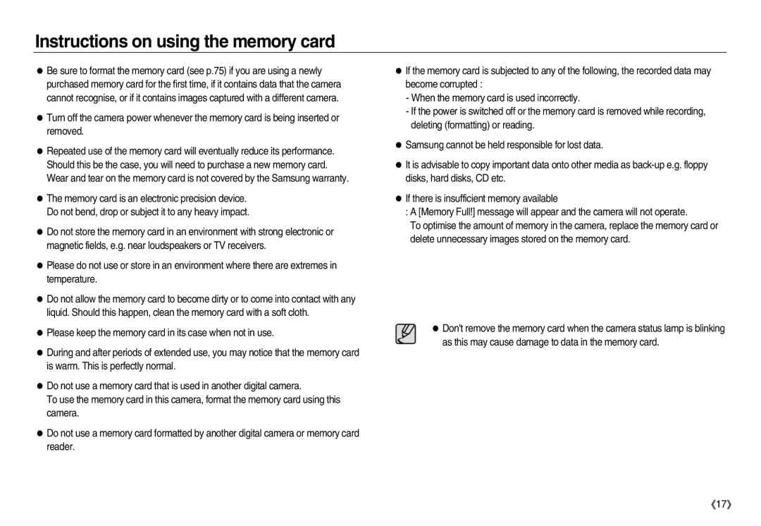 Samsung EC-NV20ZBBA/US, EC-NV20ZSBA/E3, EC-NV20ZSBA/FR, EC-NV20ZBBA/FR, EC-NV20ZSBA/E1 Instructions on using the memory card 