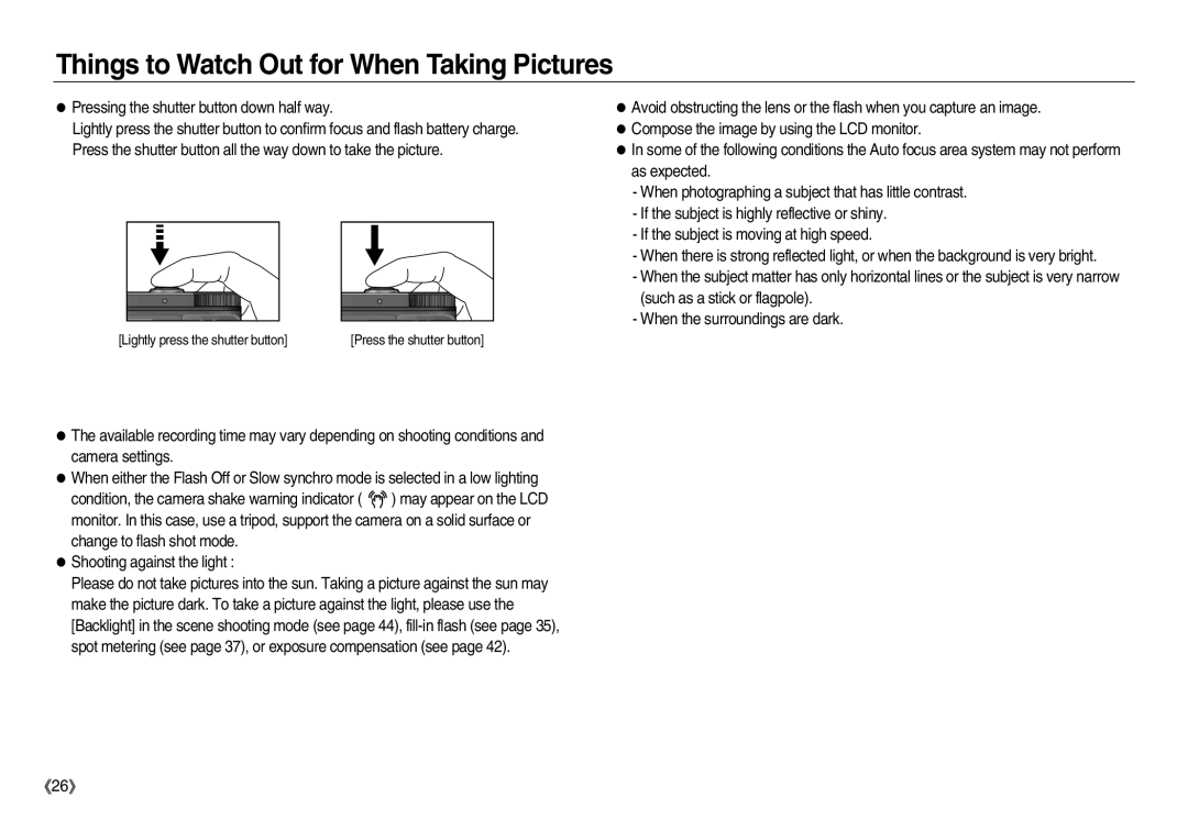 Samsung EC-NV20ZBBA/TW, EC-NV20ZSBA/E3, EC-NV20ZSBA/FR, EC-NV20ZBBA/FR manual Things to Watch Out for When Taking Pictures 