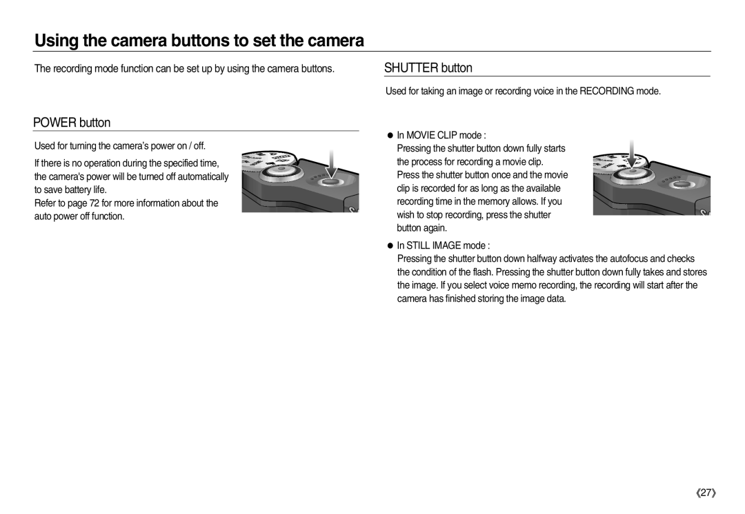 Samsung EC-NV20ZSBA/DE, EC-NV20ZSBA/E3 manual Using the camera buttons to set the camera, Power button, Shutter button 