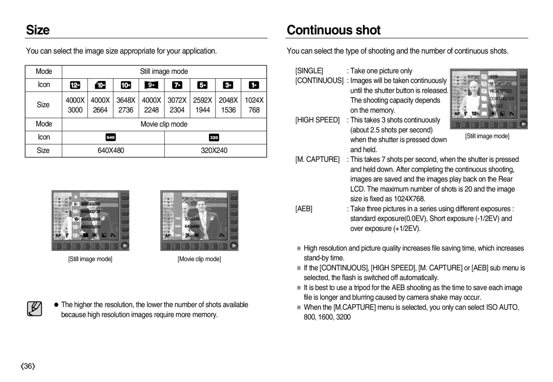 Samsung EC-NV20ZSBC/AS, EC-NV20ZSBA/E3, EC-NV20ZSBA/FR, EC-NV20ZBBA/FR, EC-NV20ZSBA/E1 manual Size, Continuous shot, Capture 