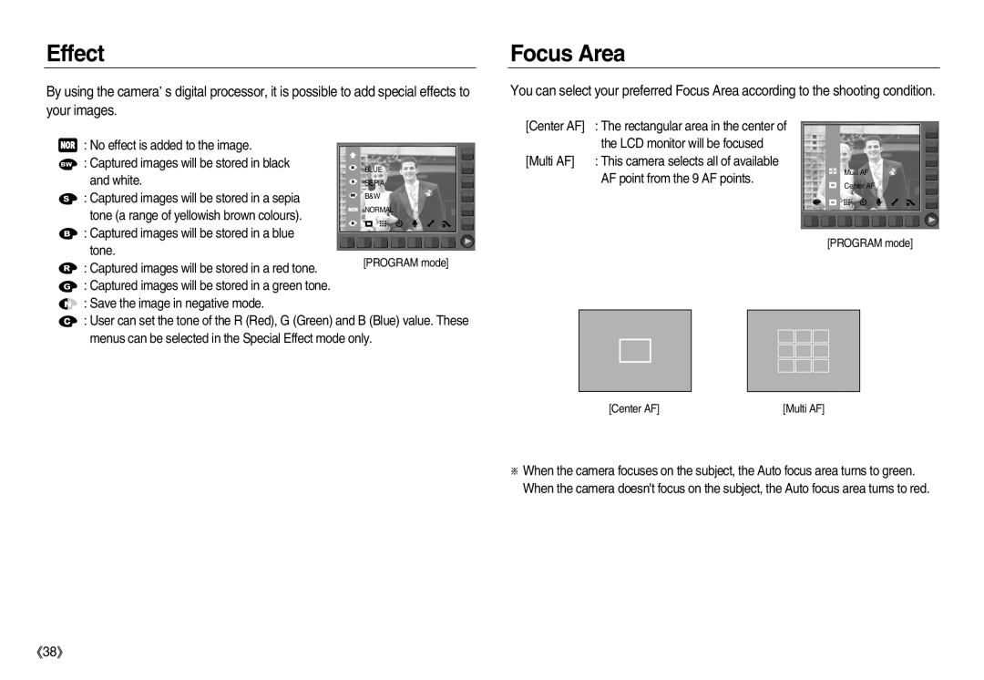 Samsung EC-NV20ZBBD/AS, EC-NV20ZSBA/E3, EC-NV20ZSBA/FR, EC-NV20ZBBA/FR, EC-NV20ZSBA/E1, EC-NV20ZBBA/E3 manual Effect, Focus Area 