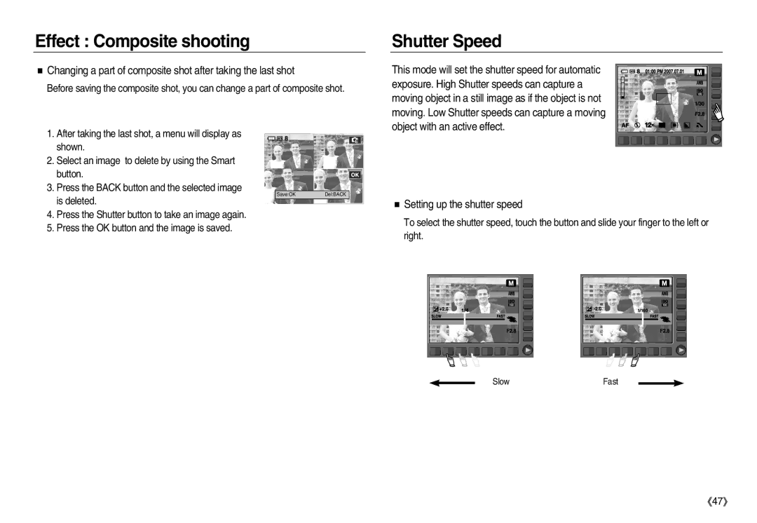 Samsung EC-NV20ZBBC/AS, EC-NV20ZSBA/E3, EC-NV20ZSBA/FR, EC-NV20ZBBA/FR manual Shutter Speed, Setting up the shutter speed 