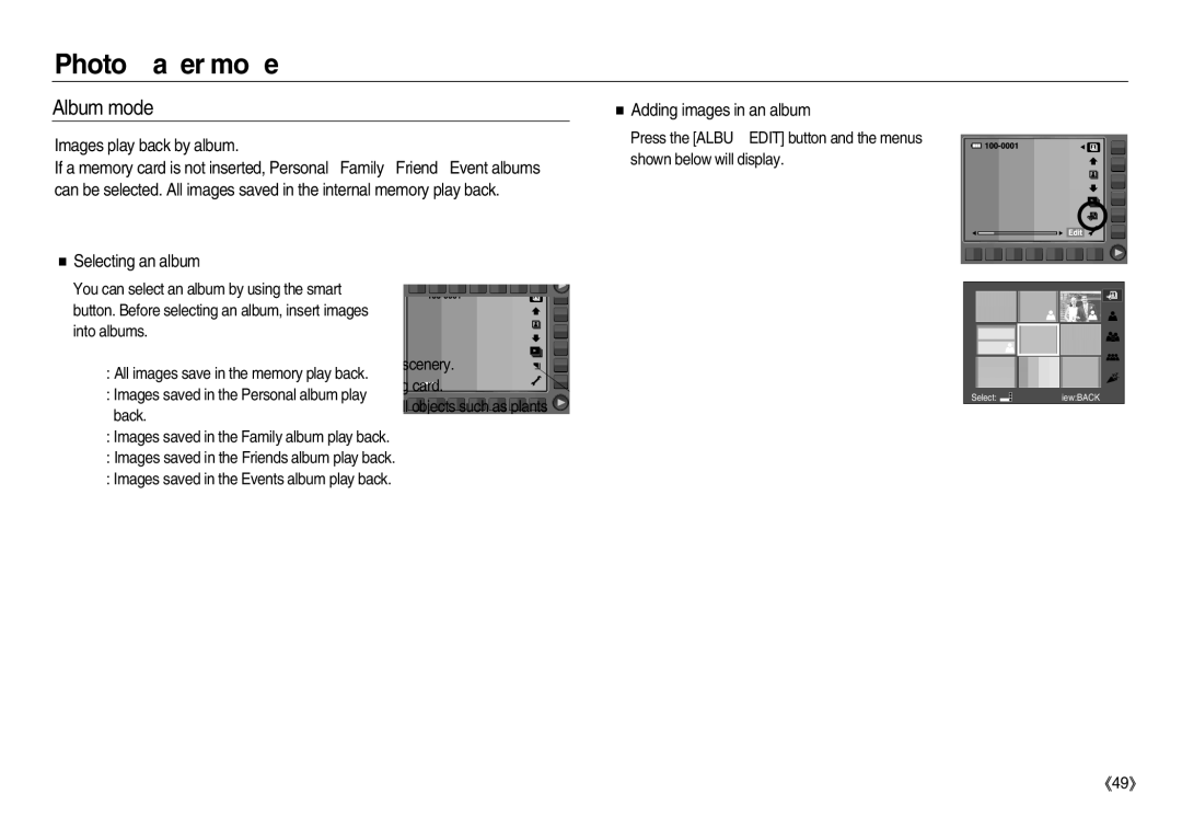 Samsung EC-NV20ZSBA/AU, EC-NV20ZSAA Album mode, Images play back by album, Selecting an album, Adding images in an album 