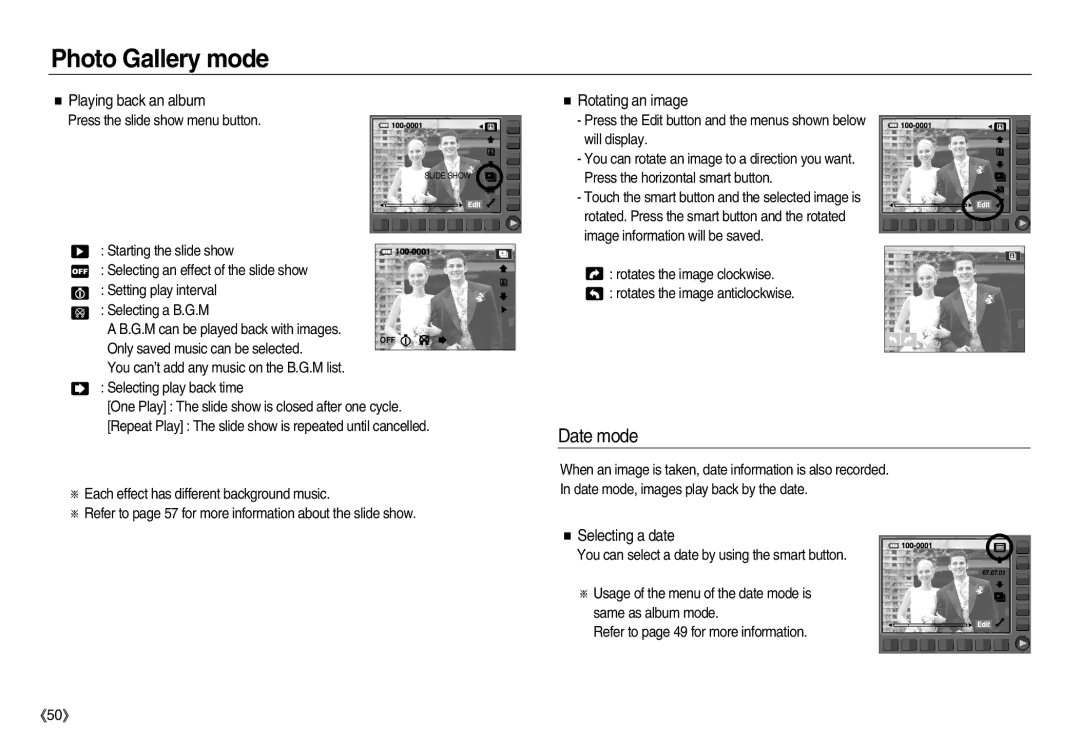 Samsung EC-NV20ZSBA/CA, EC-NV20ZSBA/E3, EC-NV20ZSAA Date mode, Playing back an album, Rotating an image, Selecting a date 