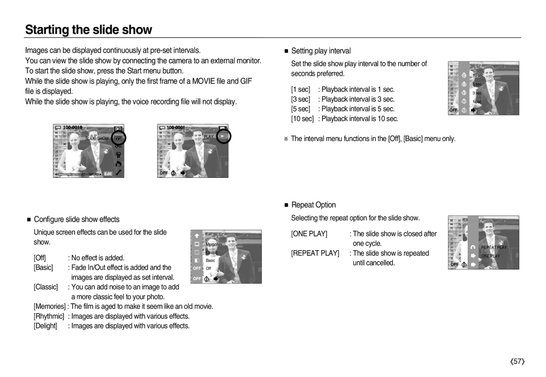 Samsung EC-NV20ZBBA/E1 manual Starting the slide show, Configure slide show effects, Repeat Option, ONE Play, Repeat Play 