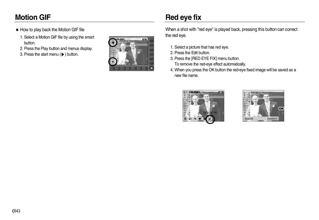 Samsung EC-NV20ZBBA/AS, EC-NV20ZSBA/E3, EC-NV20ZSBA/FR manual Motion GIF Red eye fix, How to play back the Motion GIF file 