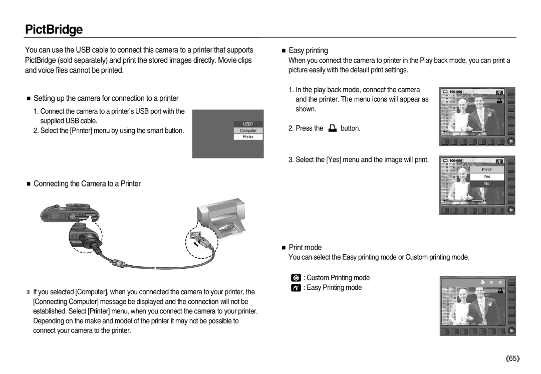 Samsung EC-NV20ZBBF/AS, EC-NV20ZSBA/E3 manual PictBridge, Connecting the Camera to a Printer, Easy printing, Print mode 