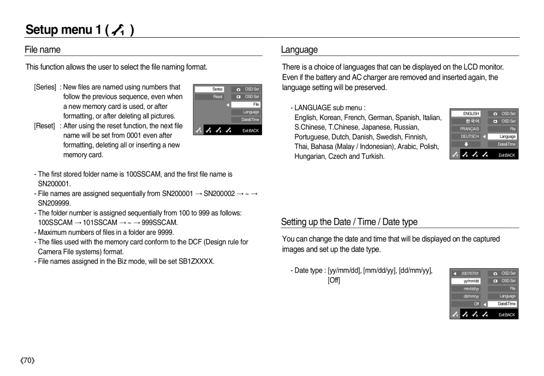 Samsung EC-NV20ZBBA/US, EC-NV20ZSBA/E3, EC-NV20ZSBA/FR manual File name, Language, Setting up the Date / Time / Date type 