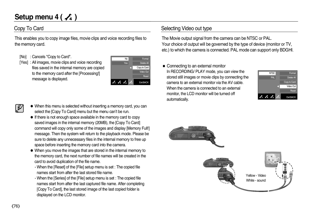 Samsung EC-NV20ZSBE/AS, EC-NV20ZSBA/E3 manual Copy To Card, Selecting Video out type, Connecting to an external monitor 