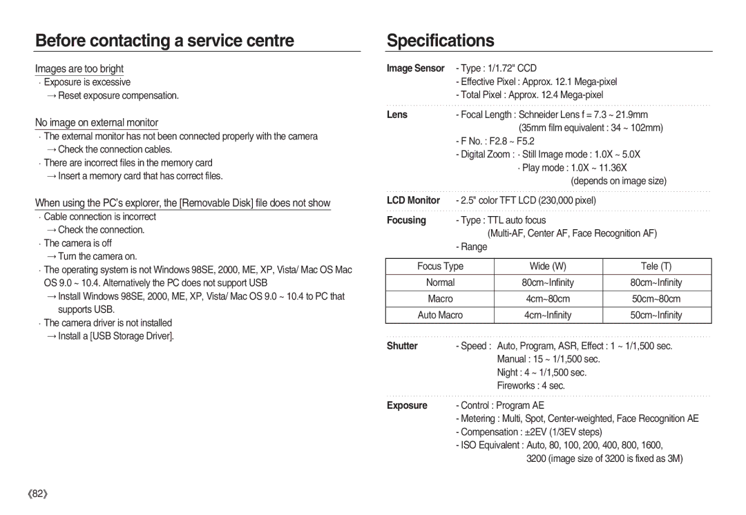 Samsung EC-NV20ZBBA/CA, EC-NV20ZSBA/E3, EC-NV20ZSBA/FR Specifications, Images are too bright, No image on external monitor 